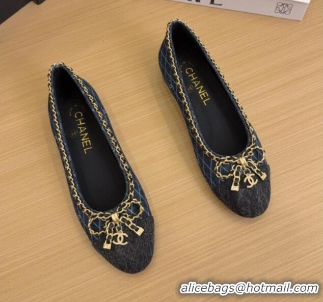 Luxury Chanel Quilted Denim Ballet Flats with Chain Bow Dark Blue 2025 CH041605