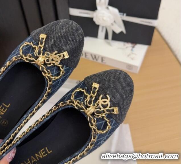 Luxury Chanel Quilted Denim Ballet Flats with Chain Bow Dark Blue 2025 CH041605