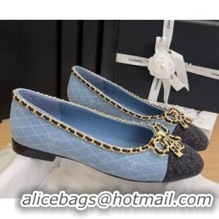 Charming Chanel Quilted Denim Ballet Flats with Chain Bow Light Blue 2025 CH041605