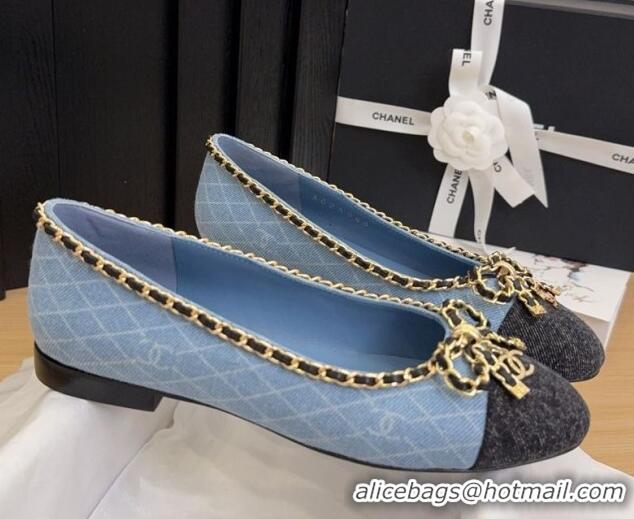 Charming Chanel Quilted Denim Ballet Flats with Chain Bow Light Blue 2025 CH041605