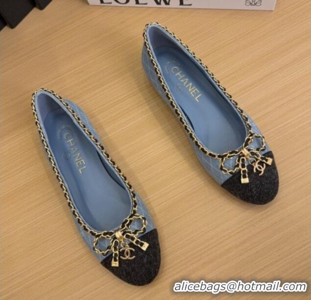 Charming Chanel Quilted Denim Ballet Flats with Chain Bow Light Blue 2025 CH041605