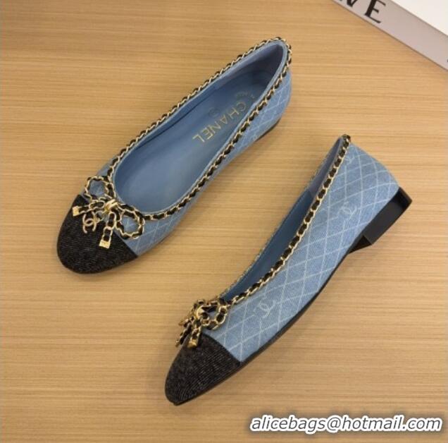 Charming Chanel Quilted Denim Ballet Flats with Chain Bow Light Blue 2025 CH041605