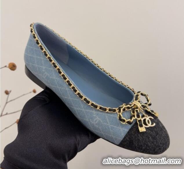 Charming Chanel Quilted Denim Ballet Flats with Chain Bow Light Blue 2025 CH041605