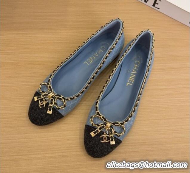 Charming Chanel Quilted Denim Ballet Flats with Chain Bow Light Blue 2025 CH041605