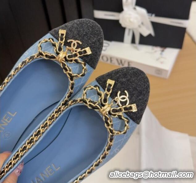 Charming Chanel Quilted Denim Ballet Flats with Chain Bow Light Blue 2025 CH041605