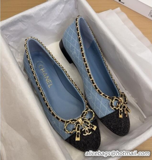 Charming Chanel Quilted Denim Ballet Flats with Chain Bow Light Blue 2025 CH041605