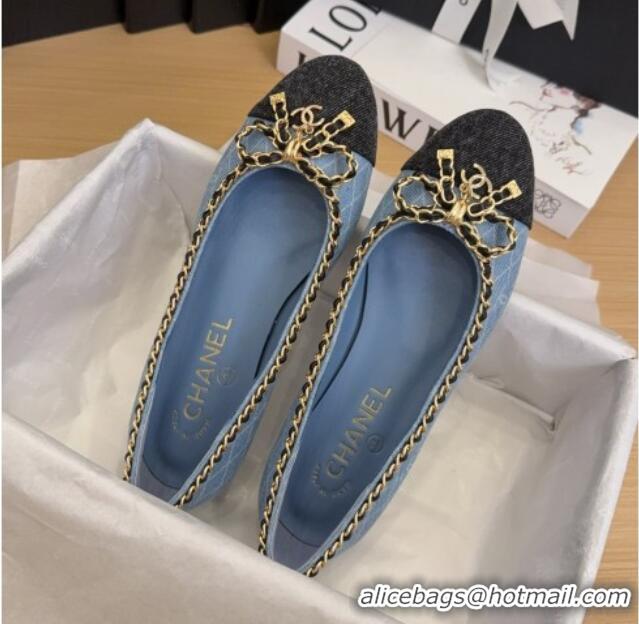 Charming Chanel Quilted Denim Ballet Flats with Chain Bow Light Blue 2025 CH041605