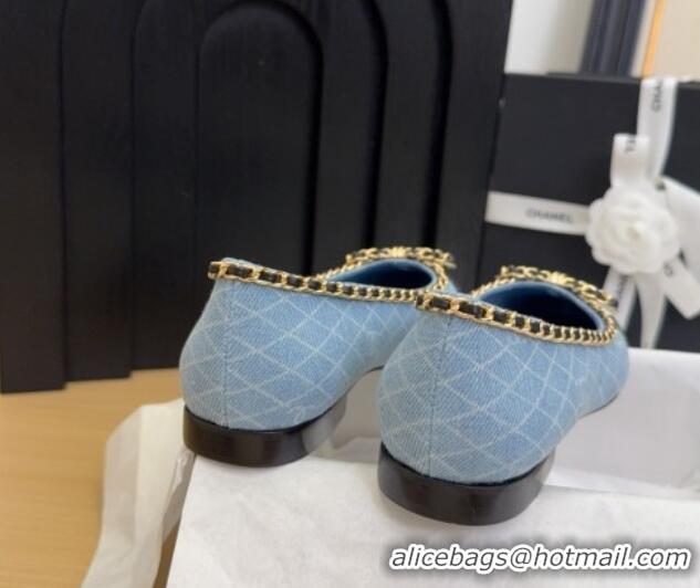 Charming Chanel Quilted Denim Ballet Flats with Chain Bow Light Blue 2025 CH041605