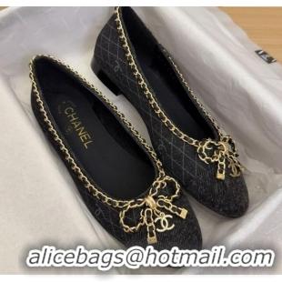 Buy Luxury Chanel Quilted Denim Ballet Flats with Chain Bow Black 2025 CH041605