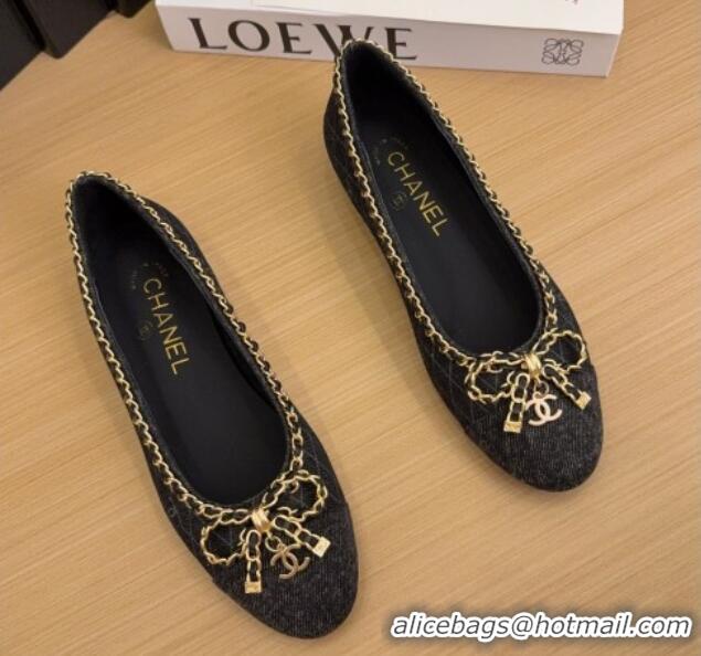 Buy Luxury Chanel Quilted Denim Ballet Flats with Chain Bow Black 2025 CH041605