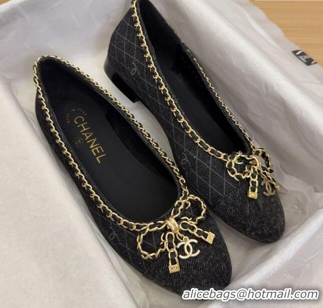 Buy Luxury Chanel Quilted Denim Ballet Flats with Chain Bow Black 2025 CH041605