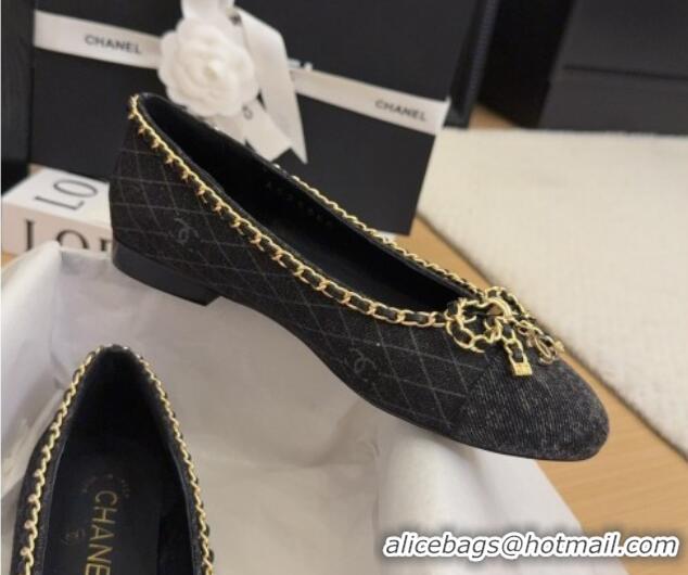 Buy Luxury Chanel Quilted Denim Ballet Flats with Chain Bow Black 2025 CH041605