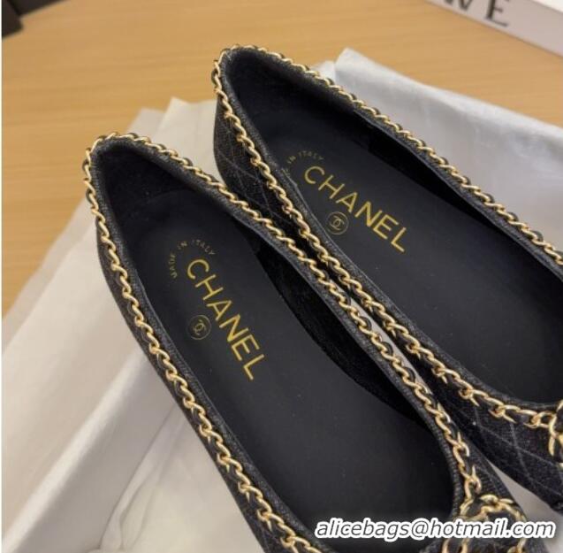 Buy Luxury Chanel Quilted Denim Ballet Flats with Chain Bow Black 2025 CH041605