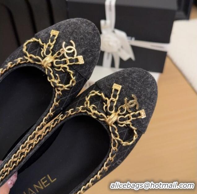 Buy Luxury Chanel Quilted Denim Ballet Flats with Chain Bow Black 2025 CH041605
