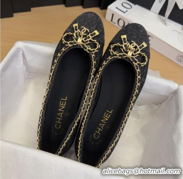 Buy Luxury Chanel Quilted Denim Ballet Flats with Chain Bow Black 2025 CH041605