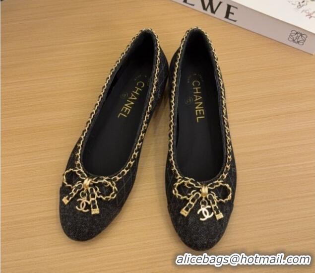 Buy Luxury Chanel Quilted Denim Ballet Flats with Chain Bow Black 2025 CH041605