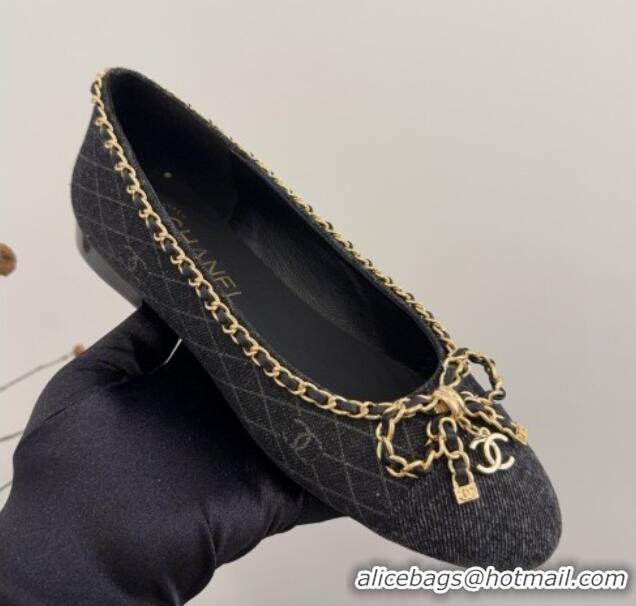 Buy Luxury Chanel Quilted Denim Ballet Flats with Chain Bow Black 2025 CH041605