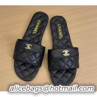 Stylish Chanel Lambskin Flat Slides Sandal with CC Foldover Black 2025 CH041606
