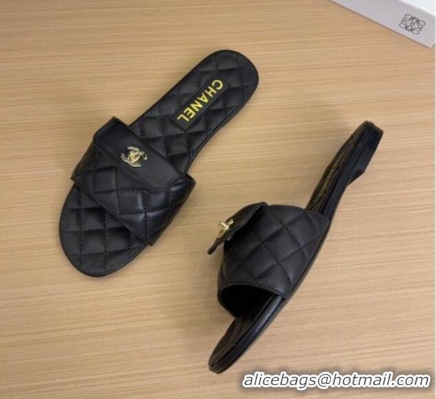 Stylish Chanel Lambskin Flat Slides Sandal with CC Foldover Black 2025 CH041606