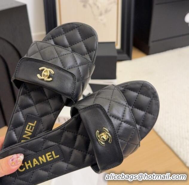 Stylish Chanel Lambskin Flat Slides Sandal with CC Foldover Black 2025 CH041606