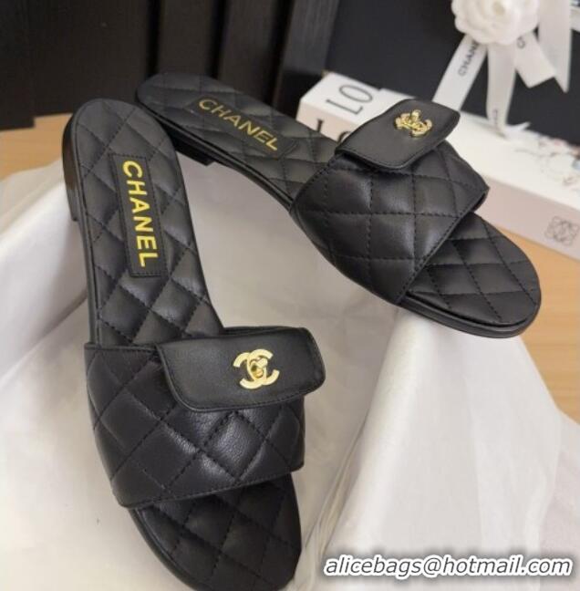 Stylish Chanel Lambskin Flat Slides Sandal with CC Foldover Black 2025 CH041606