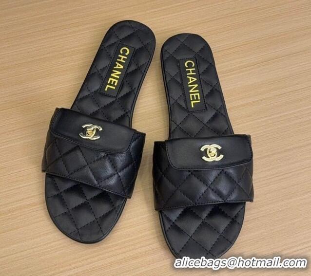 Stylish Chanel Lambskin Flat Slides Sandal with CC Foldover Black 2025 CH041606