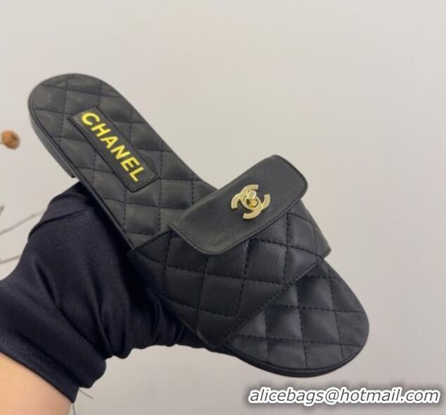 Stylish Chanel Lambskin Flat Slides Sandal with CC Foldover Black 2025 CH041606