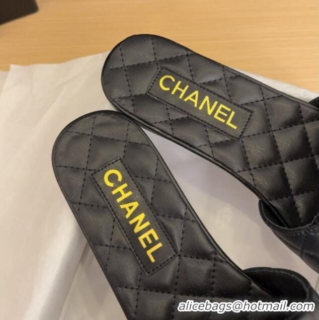 Stylish Chanel Lambskin Flat Slides Sandal with CC Foldover Black 2025 CH041606