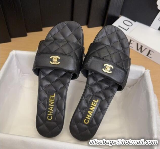 Stylish Chanel Lambskin Flat Slides Sandal with CC Foldover Black 2025 CH041606