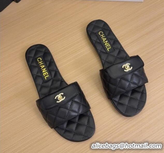 Stylish Chanel Lambskin Flat Slides Sandal with CC Foldover Black 2025 CH041606