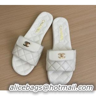 Popular Style Chanel Lambskin Flat Slides Sandal with CC Foldover White 2025 CH041606