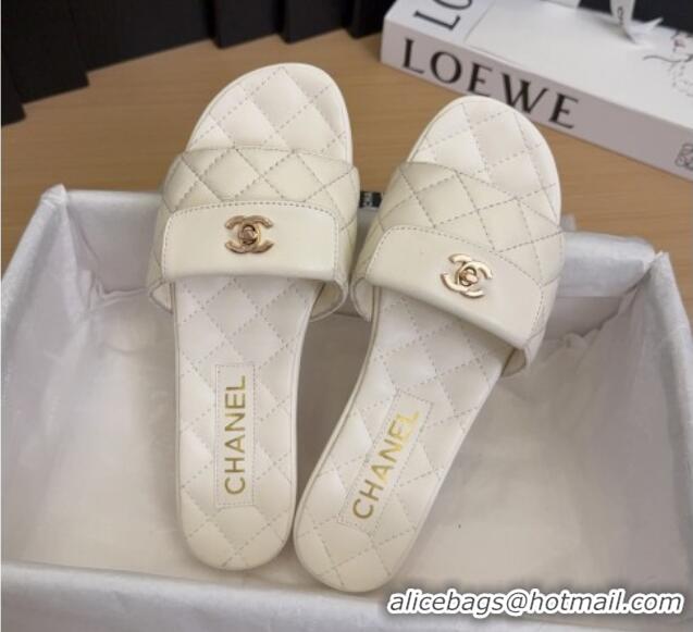 Popular Style Chanel Lambskin Flat Slides Sandal with CC Foldover White 2025 CH041606