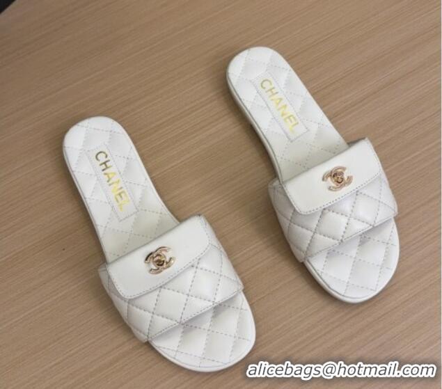 Popular Style Chanel Lambskin Flat Slides Sandal with CC Foldover White 2025 CH041606