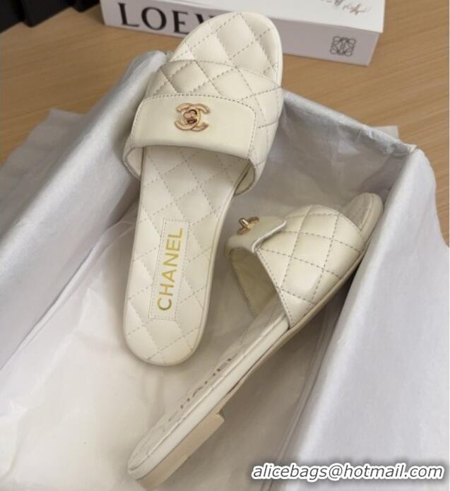 Popular Style Chanel Lambskin Flat Slides Sandal with CC Foldover White 2025 CH041606