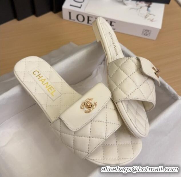 Popular Style Chanel Lambskin Flat Slides Sandal with CC Foldover White 2025 CH041606