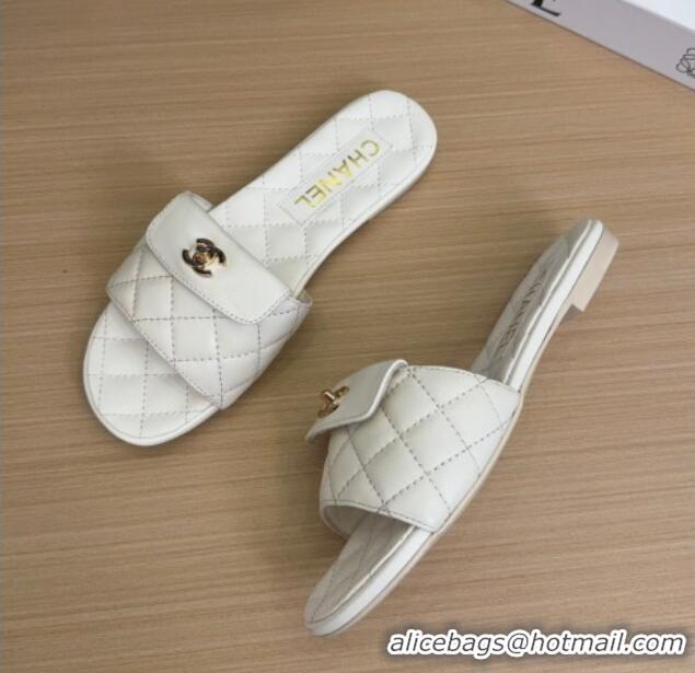 Popular Style Chanel Lambskin Flat Slides Sandal with CC Foldover White 2025 CH041606