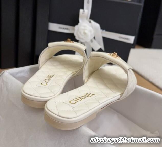 Popular Style Chanel Lambskin Flat Slides Sandal with CC Foldover White 2025 CH041606