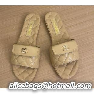 Shop Duplicate Chanel Lambskin Flat Slides Sandal with CC Foldover Beige 2025 CH041606