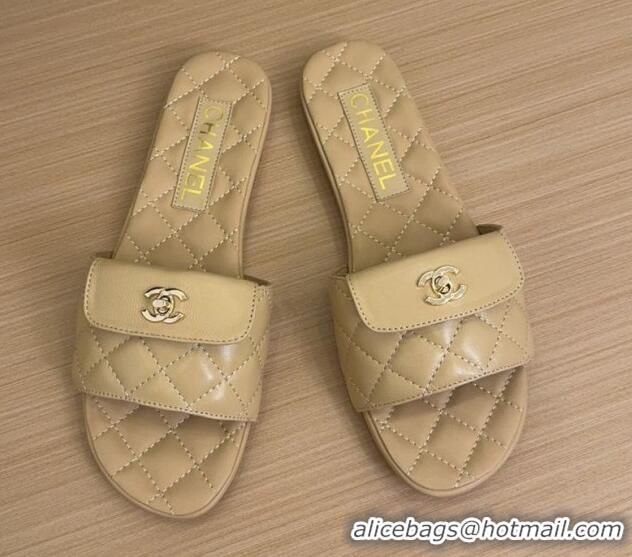 Shop Duplicate Chanel Lambskin Flat Slides Sandal with CC Foldover Beige 2025 CH041606