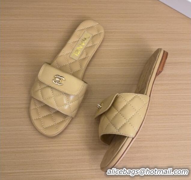 Shop Duplicate Chanel Lambskin Flat Slides Sandal with CC Foldover Beige 2025 CH041606