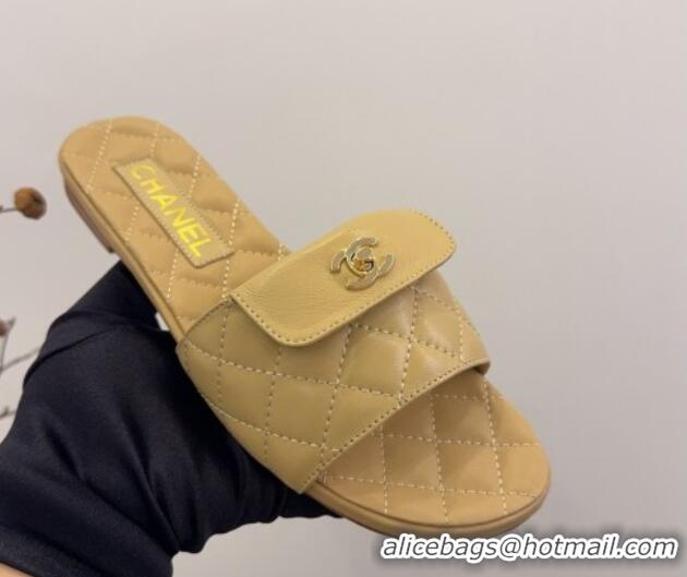 Shop Duplicate Chanel Lambskin Flat Slides Sandal with CC Foldover Beige 2025 CH041606