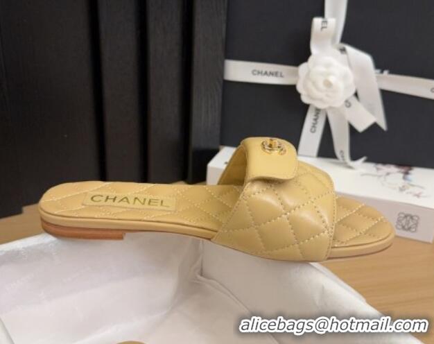 Shop Duplicate Chanel Lambskin Flat Slides Sandal with CC Foldover Beige 2025 CH041606