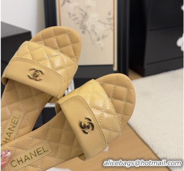 Shop Duplicate Chanel Lambskin Flat Slides Sandal with CC Foldover Beige 2025 CH041606