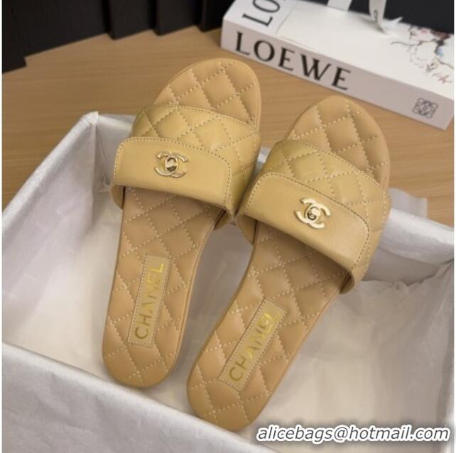 Shop Duplicate Chanel Lambskin Flat Slides Sandal with CC Foldover Beige 2025 CH041606