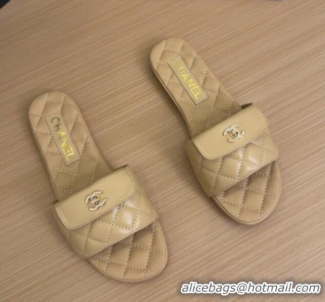 Shop Duplicate Chanel Lambskin Flat Slides Sandal with CC Foldover Beige 2025 CH041606