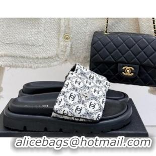Big Discount Chanel Printed Canvas Pillow Flat Slides Sandal Black 2025 CH041607 