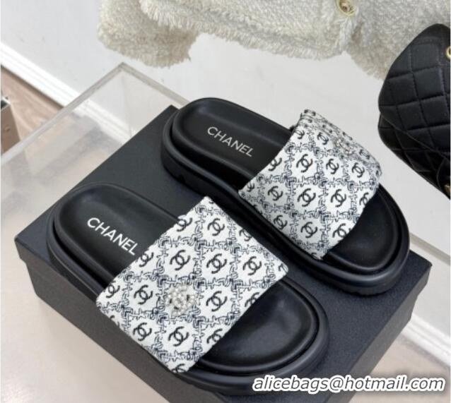 Big Discount Chanel Printed Canvas Pillow Flat Slides Sandal Black 2025 CH041607 