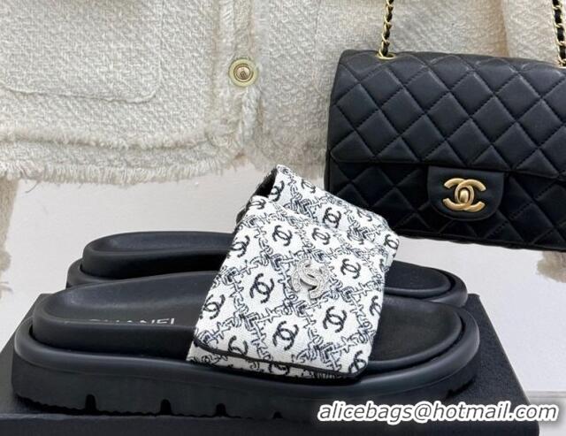 Big Discount Chanel Printed Canvas Pillow Flat Slides Sandal Black 2025 CH041607 