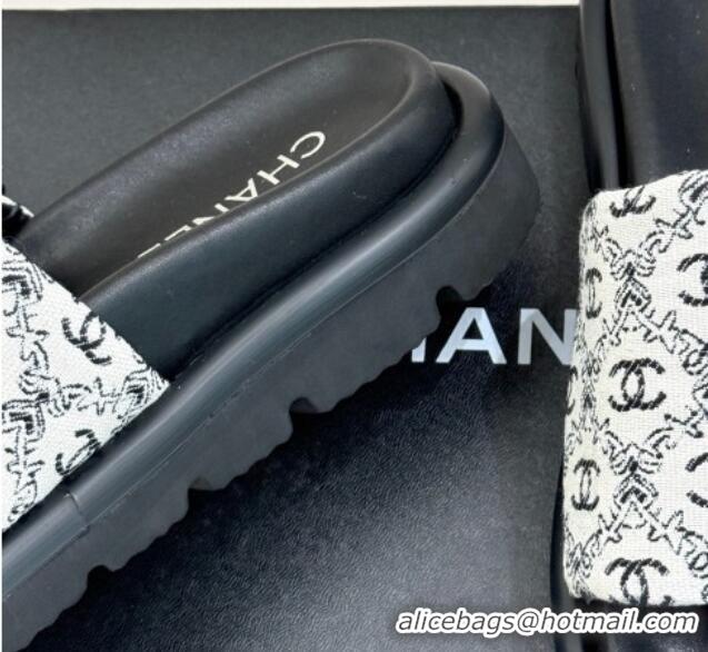 Big Discount Chanel Printed Canvas Pillow Flat Slides Sandal Black 2025 CH041607 