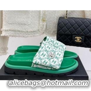 Top Design Chanel Printed Canvas Pillow Flat Slides Sandal Green 2025 CH041607